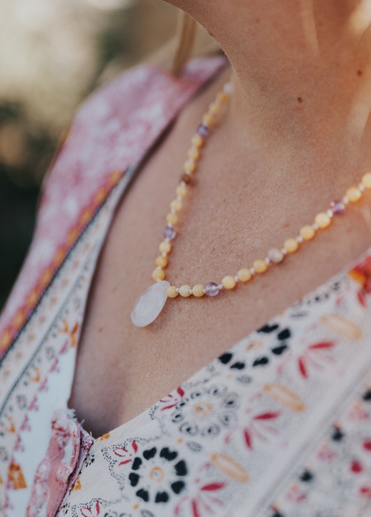 Rose Quartz Pendant with Faceted Milky Colored Baltic Amber and Super Calming Stones 20"