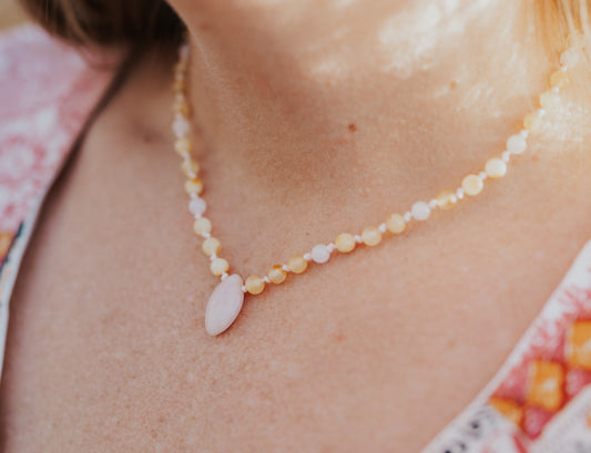 Lepidolite Pendant with Milky Colored Baltic Amber Beads and Rose Quartz 16"