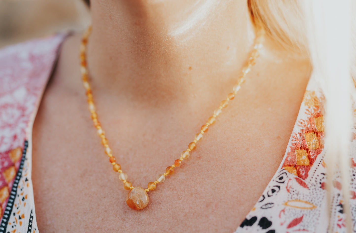 Carnelian Pendant and Beads with Lemon and Honey Colored Baltic Amber 18"