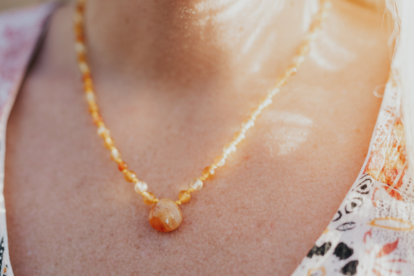 Carnelian Pendant and Beads with Lemon and Honey Colored Baltic Amber 18"