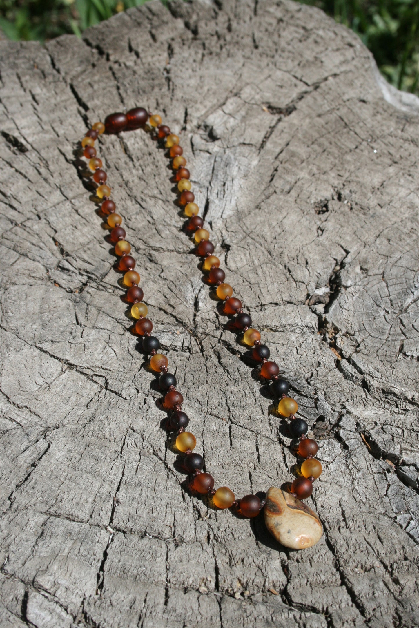 Jasper Pendant with Unpolished Multicolored Amber 15"
