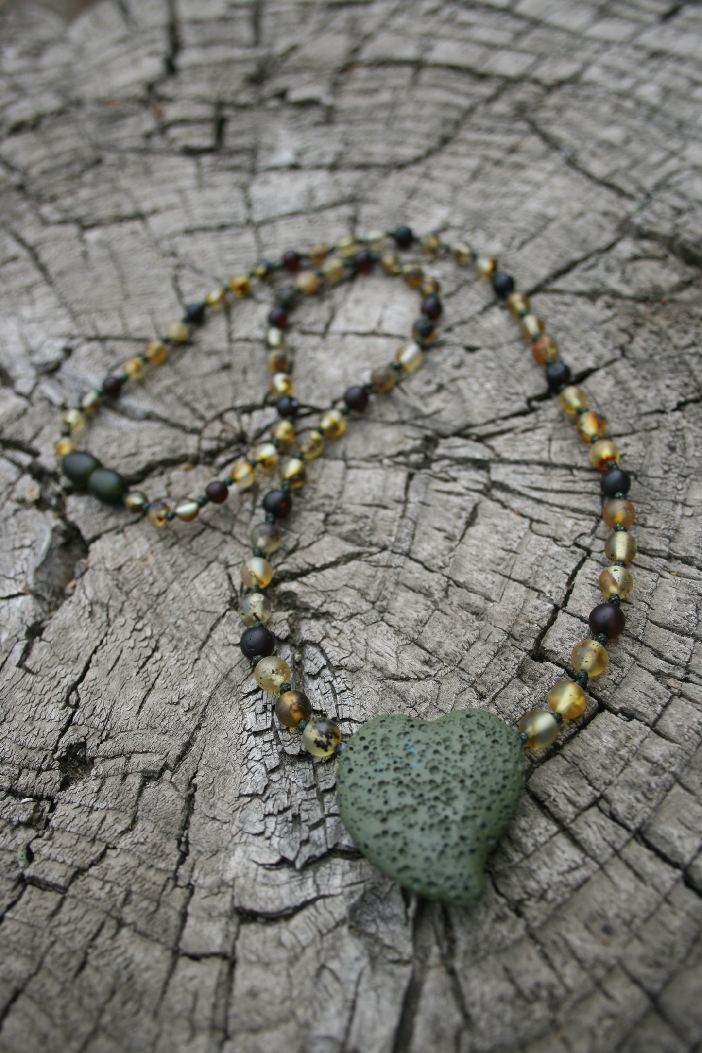 Green Leaf Lavastone Pendant with Unpolished Green and Coffee Amber 22"