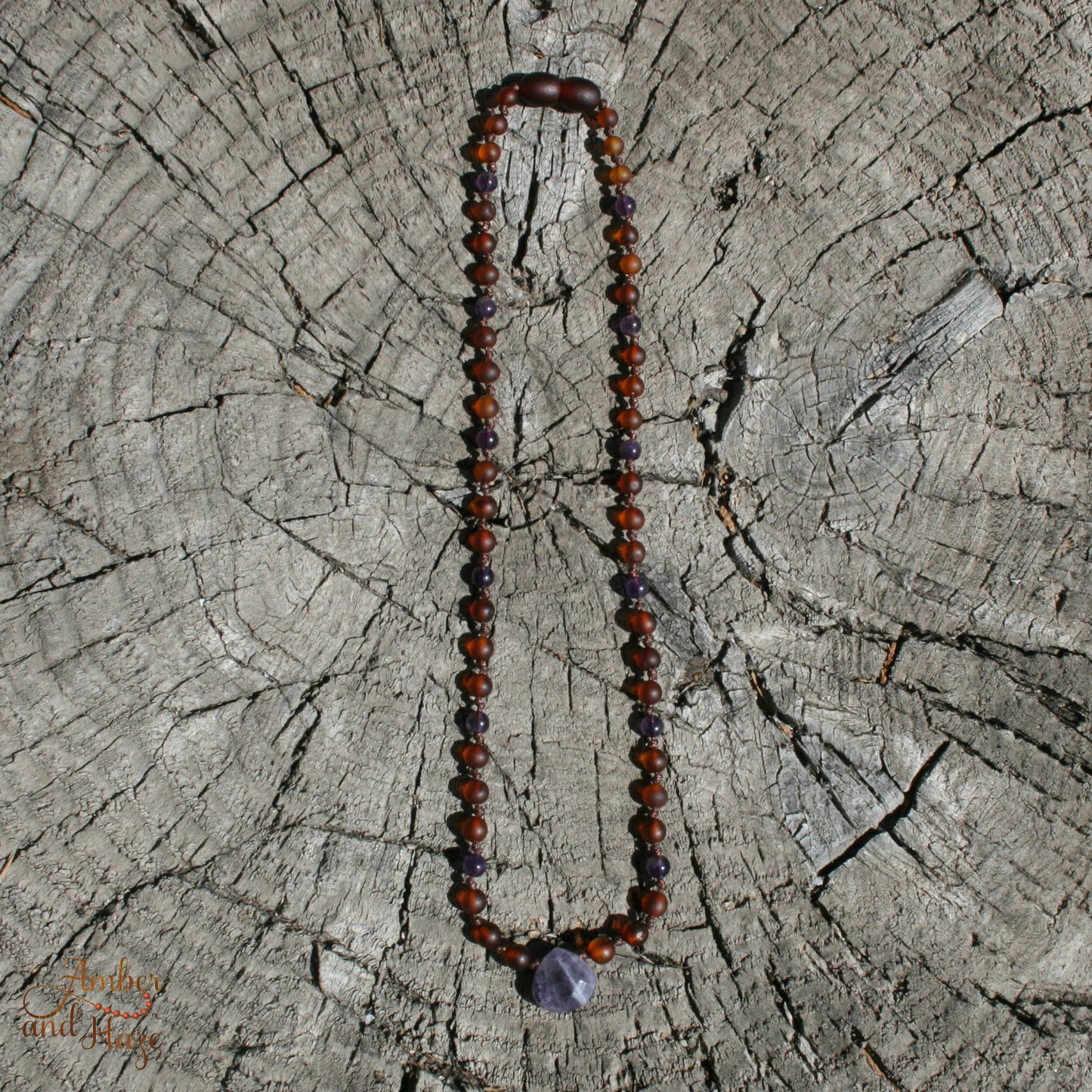 Amethyst Pendant with Cognac Colored Baltic Amber Beads 15"