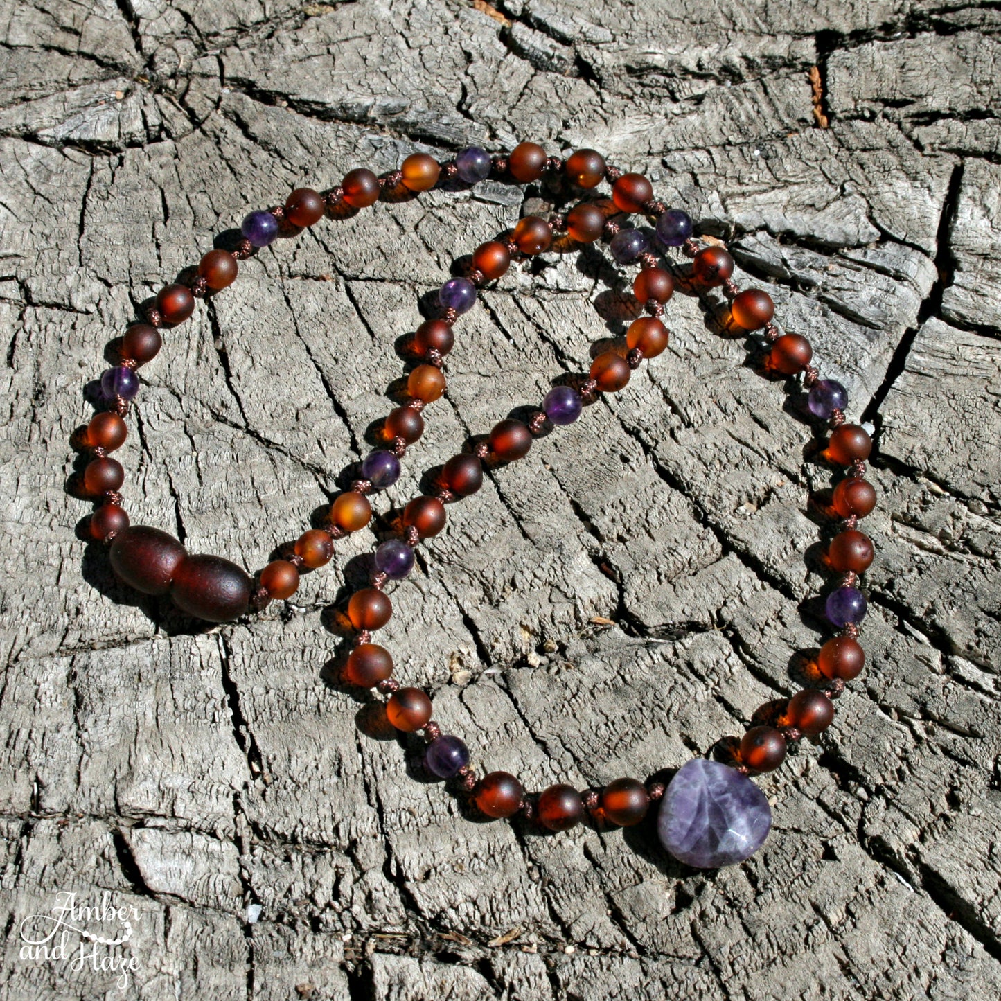 Amethyst Pendant with Cognac Colored Baltic Amber Beads 15"