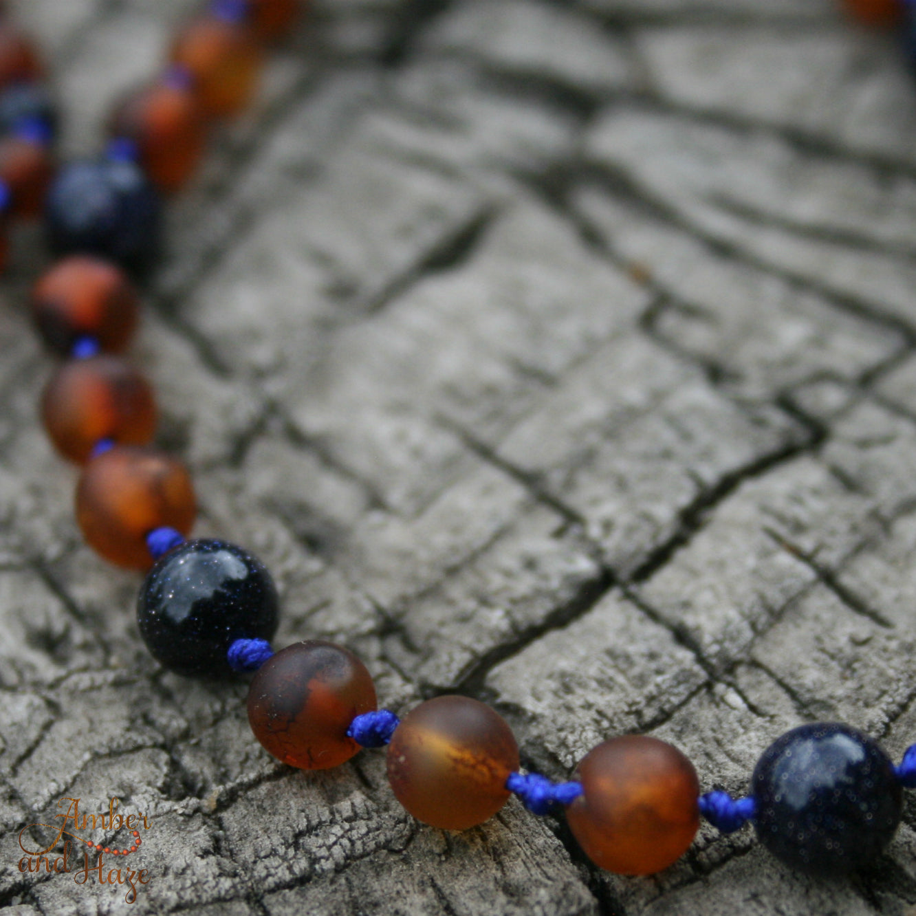 Bluestone and Round Cognac Baltic Amber Necklace 16"
