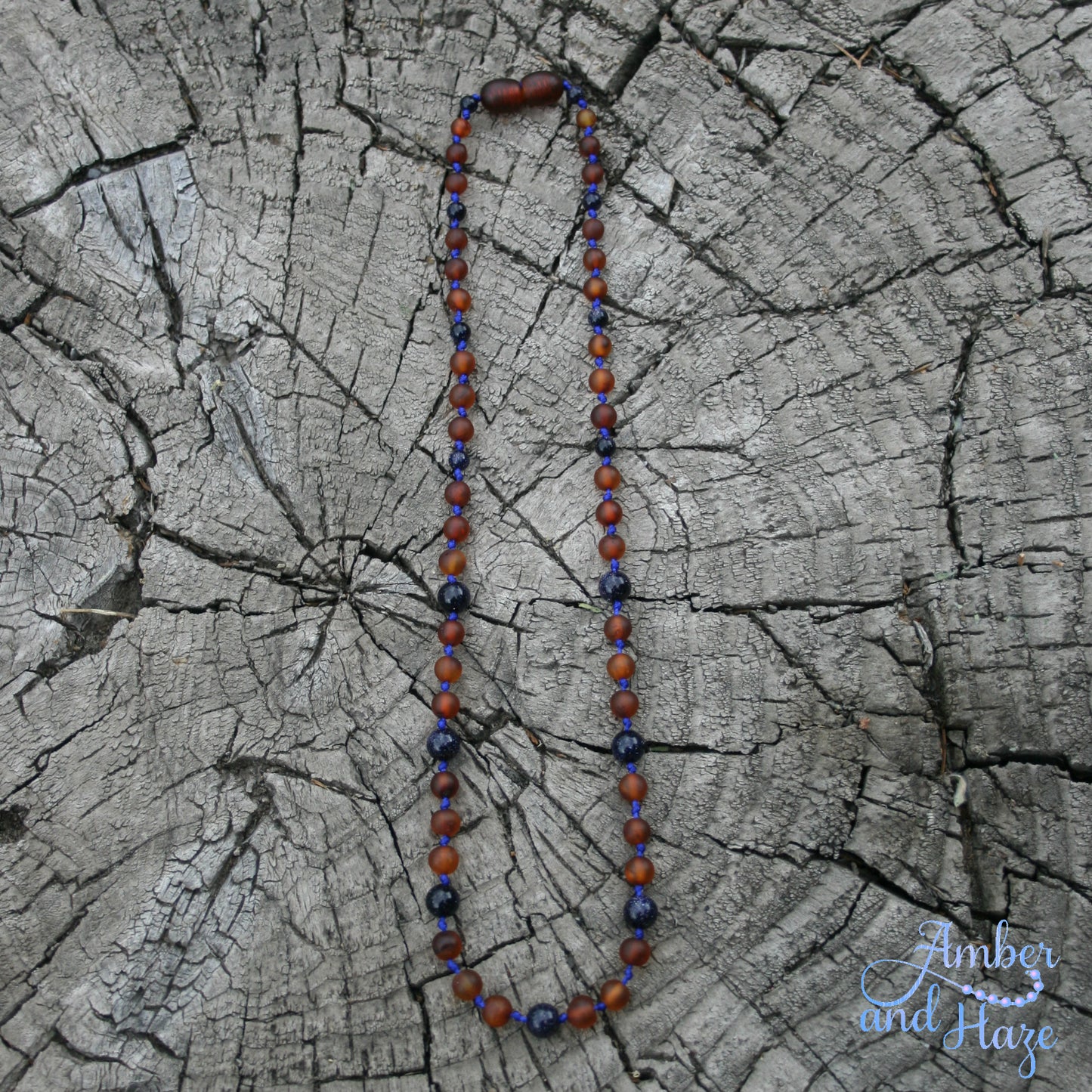 Bluestone and Round Cognac Baltic Amber Necklace 16"