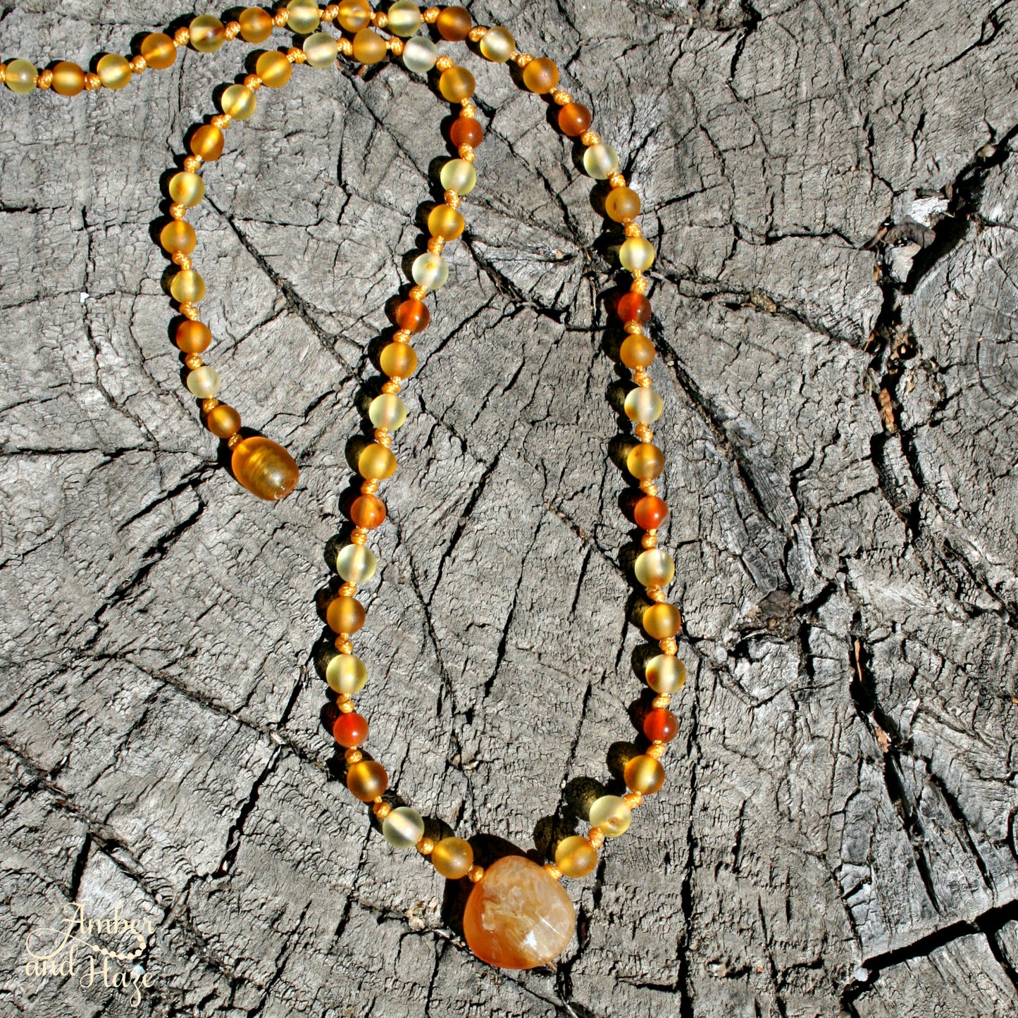 Carnelian Pendant and Beads with Lemon and Honey Colored Baltic Amber 18"