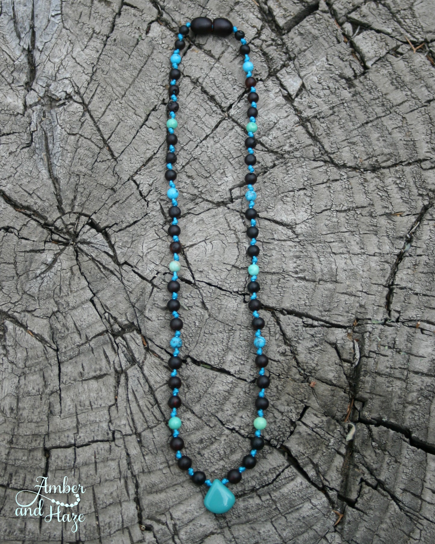 Czech Glass Turquoise Colored Pendant with Coffee Colored Baltic Amber, Turquoise and Chrysoprase Beads 15"