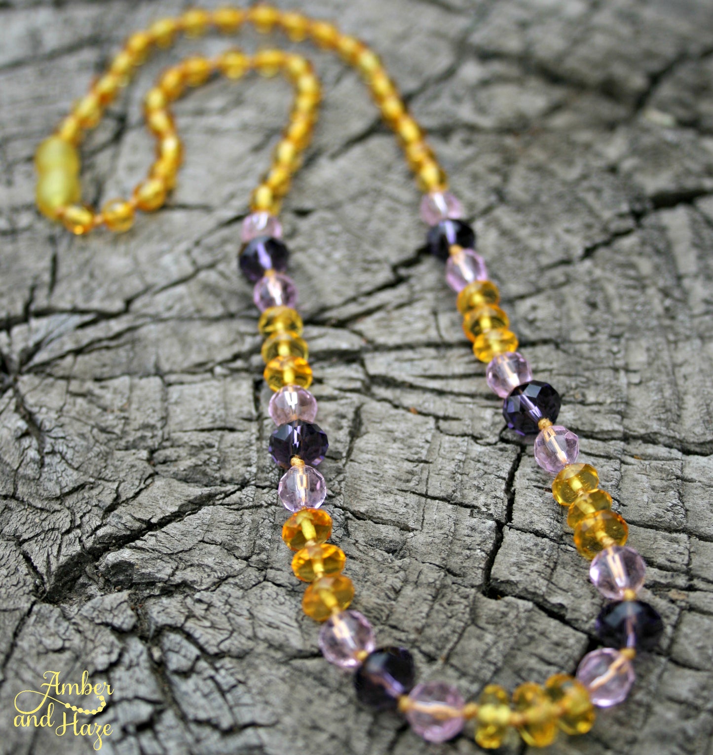 Faceted Lemon Amber with Pink and Purple Czech Glass 18"