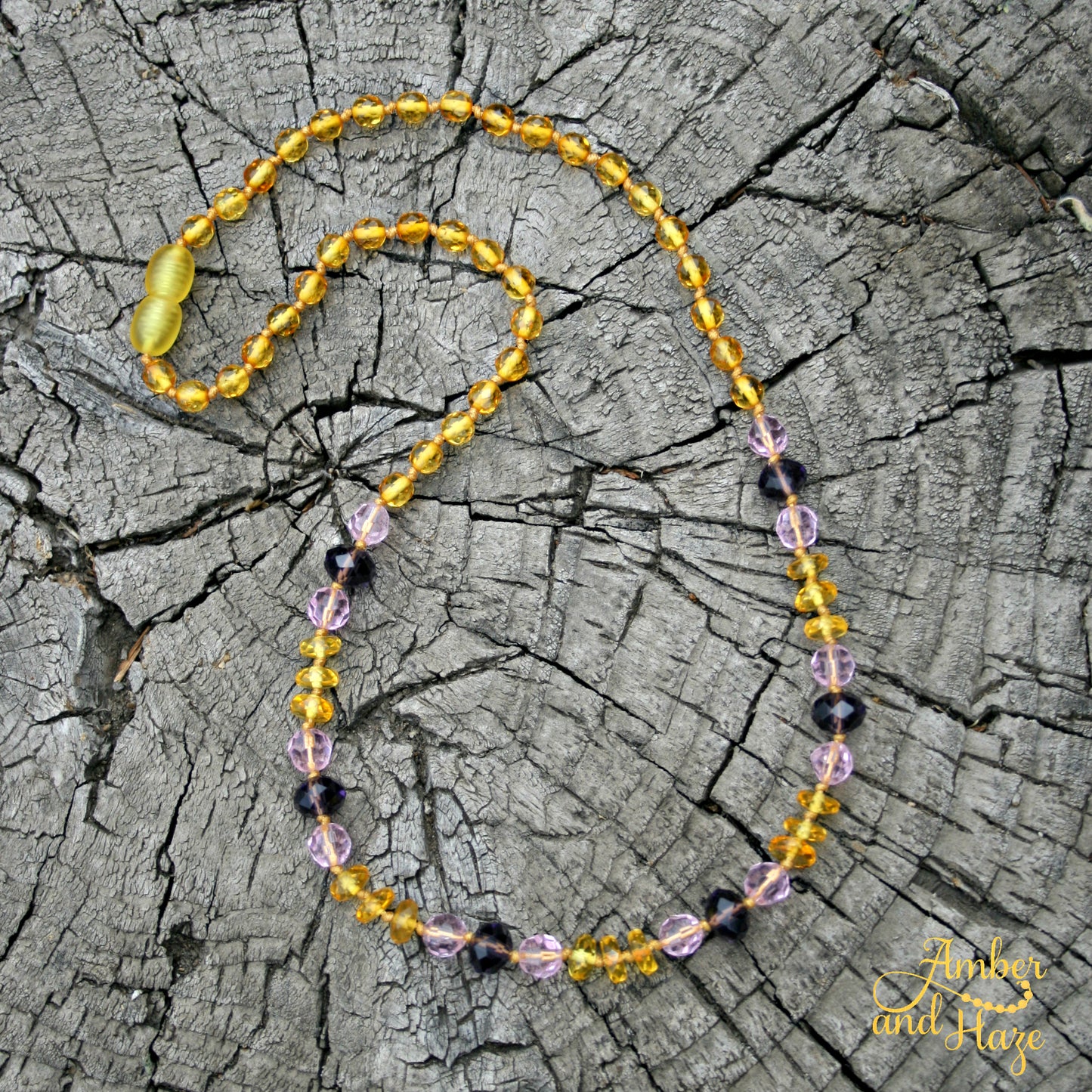 Faceted Lemon Amber with Pink and Purple Czech Glass 18"