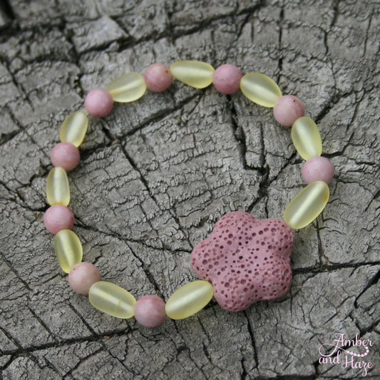 Pink Flower Lavastone Bracelet with Olive Shaped Lemon Baltic Amber and Rhodonite 7"