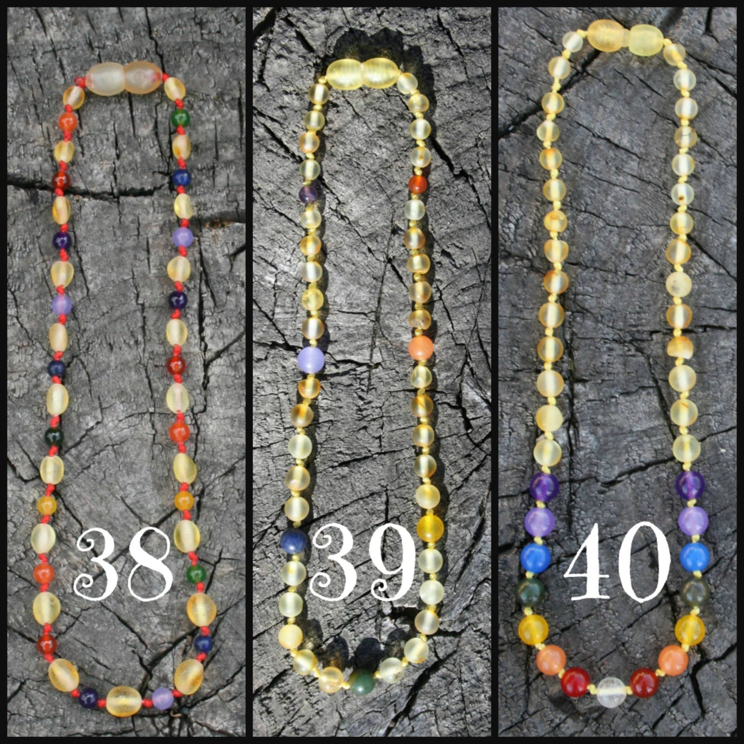 Picture is with multiple variations colored amber-Baltic Amber Trach Chain, Healing Jewelry, Unpolished & Raw, Trach Strap, Trach Holder (baltic amber variation bracelet / necklace on wooden background)
