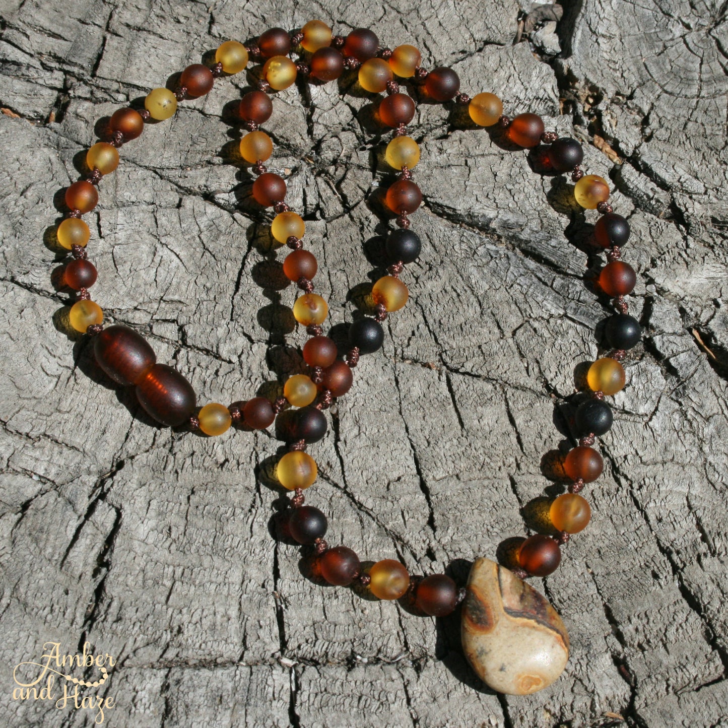 Jasper Pendant with Unpolished Multicolored Amber 15"