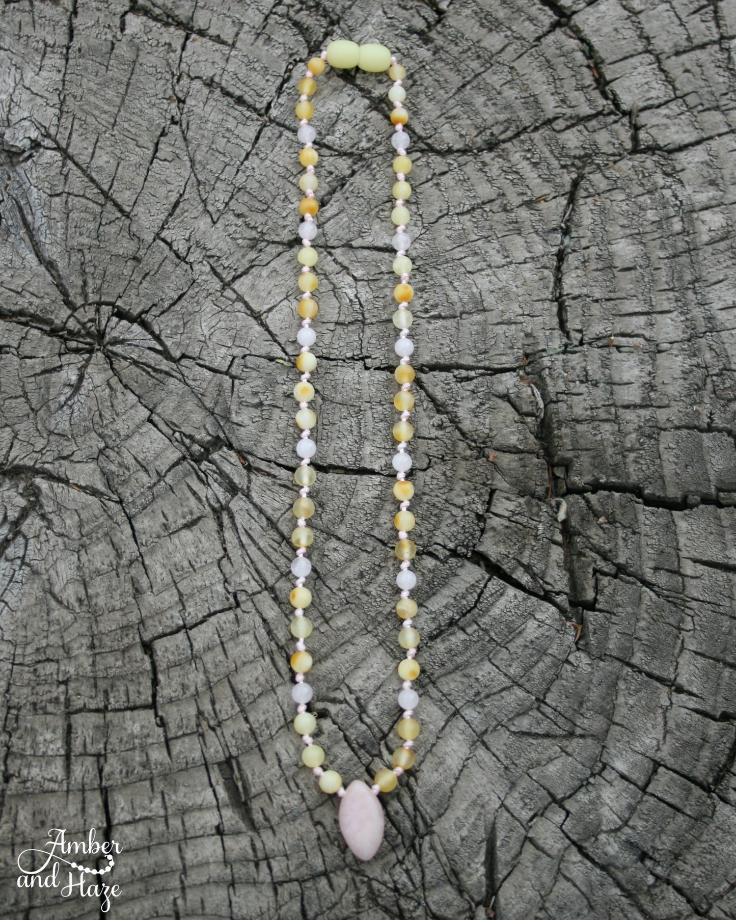 Lepidolite Pendant with Milky Colored Baltic Amber Beads and Rose Quartz 16"