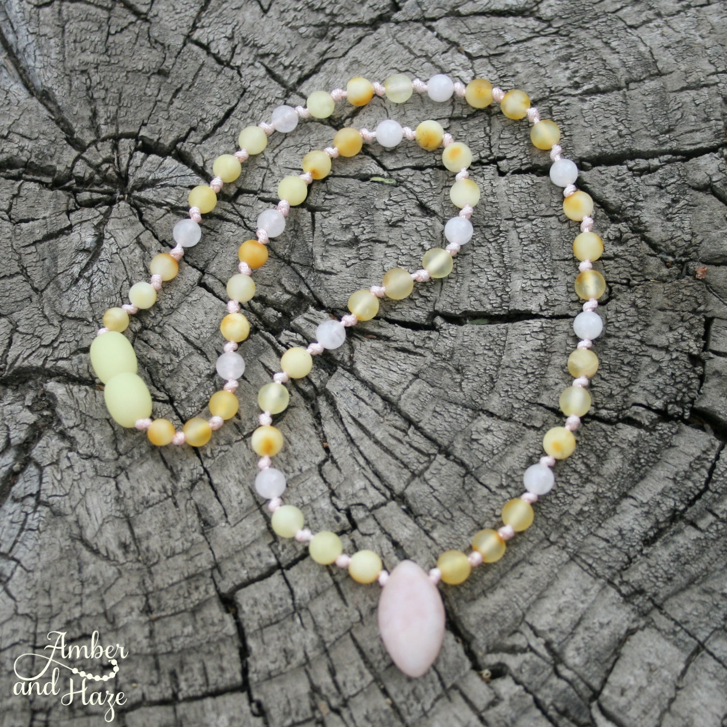 Lepidolite Pendant with Milky Colored Baltic Amber Beads and Rose Quartz 16"