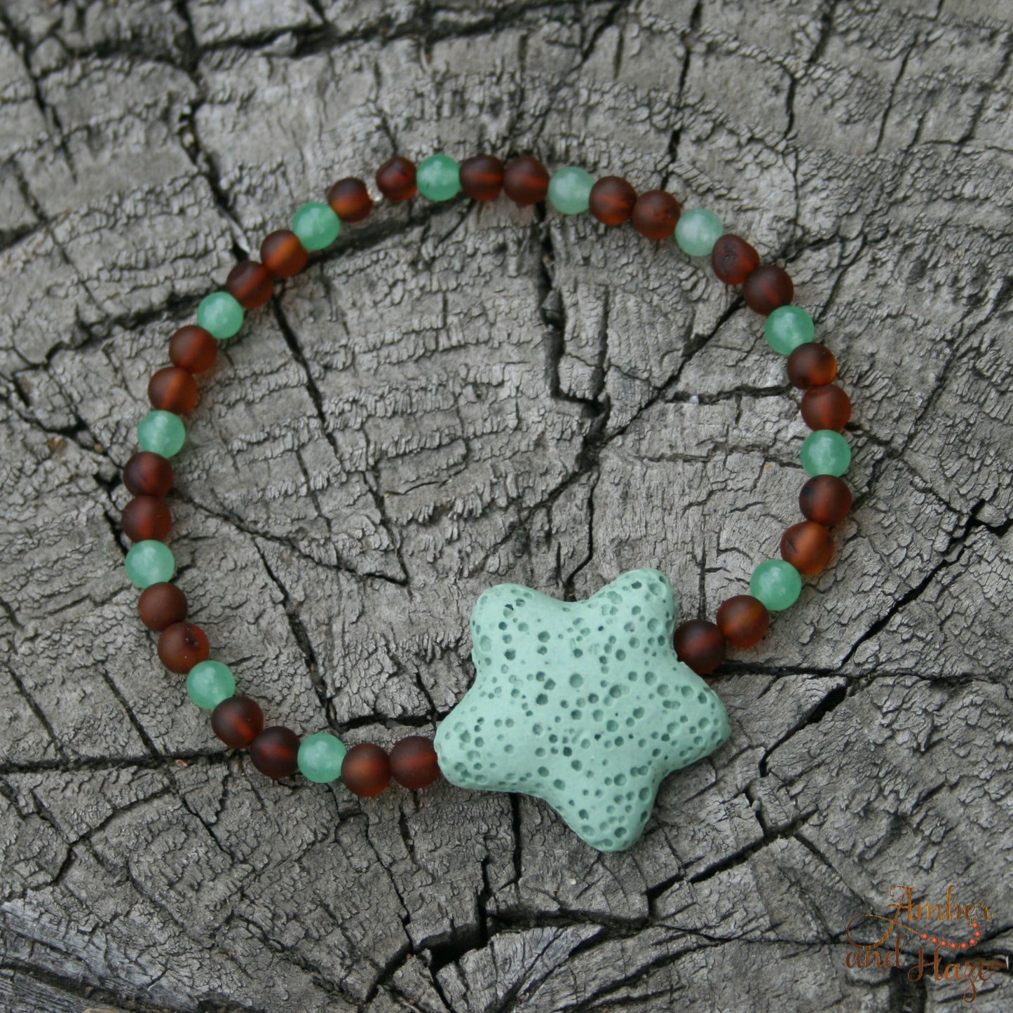 Green Star Lavastone Bracelet with Cognac Baltic Amber and Green Aventurine 7"