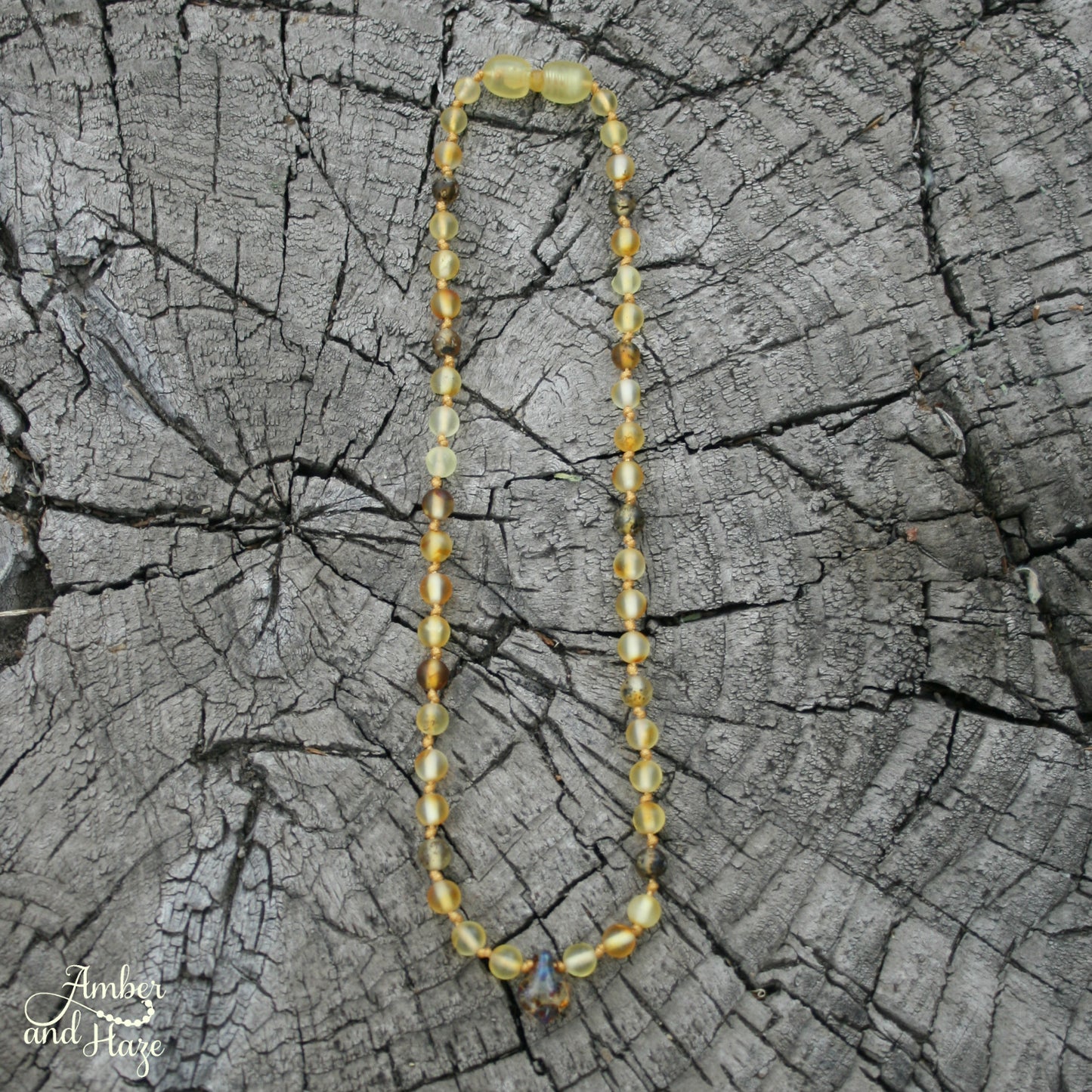 Czech Glass Pendant with Lemon and Green Colored Baltic Amber 13" with a Safety Clasp