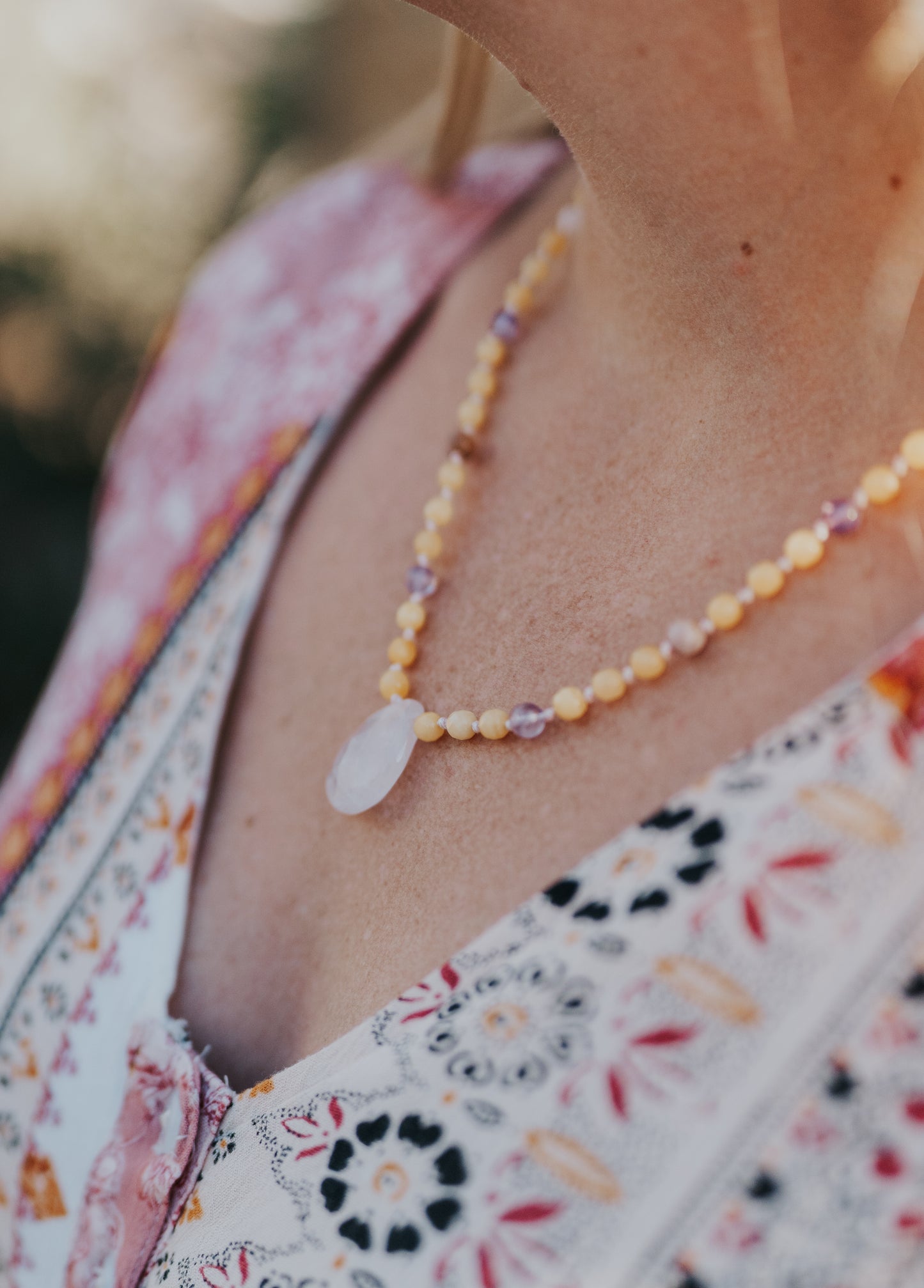 Rose Quartz Pendant with Faceted Milky Colored Baltic Amber and Super Calming Stones 20"