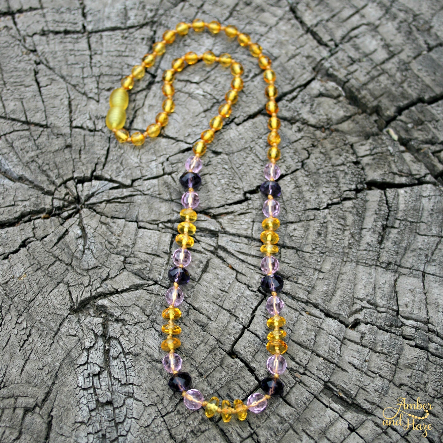 Faceted Lemon Amber with Pink and Purple Czech Glass 18"