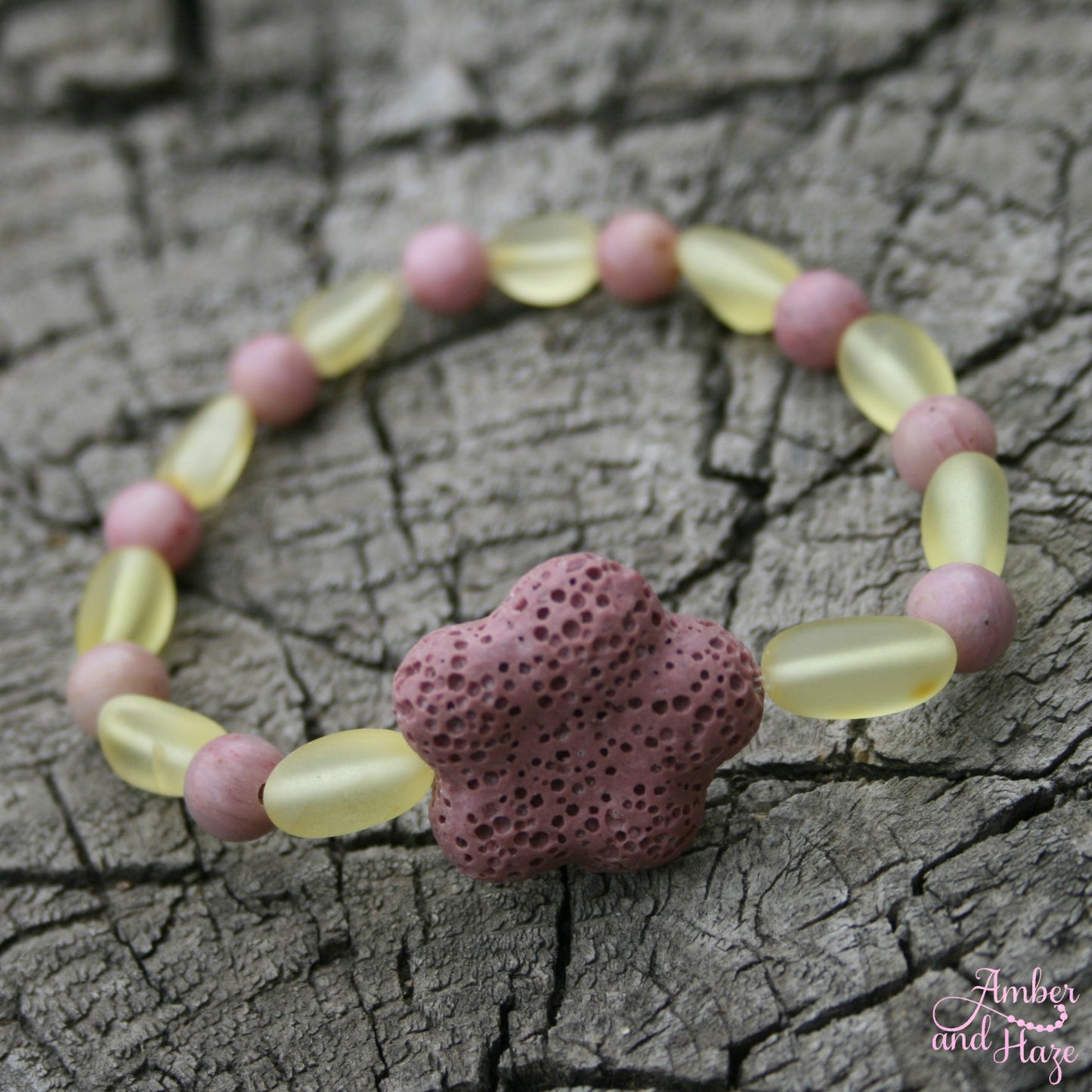 Pink Flower Lavastone Bracelet with Olive Shaped Lemon Baltic Amber and Rhodonite 7"