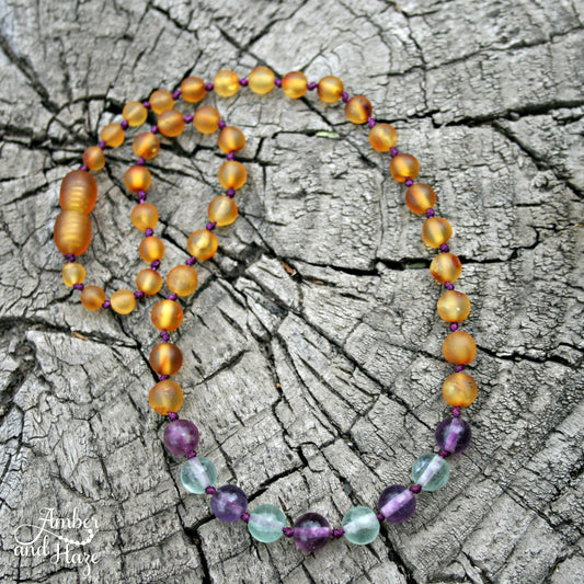 Fluorite and Honey Baltic Amber Necklace 13"