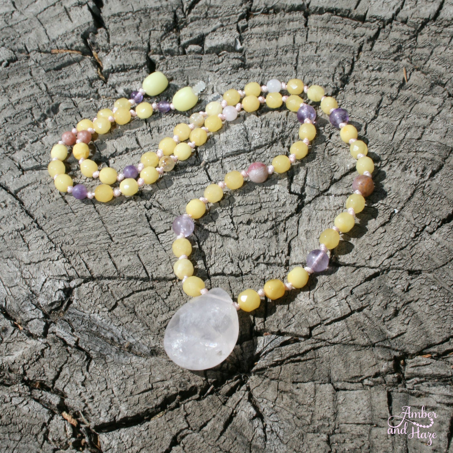 Rose Quartz Pendant with Faceted Milky Colored Baltic Amber and Super Calming Stones 20"