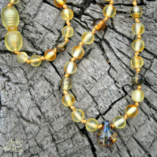 Czech Glass Pendant with Lemon and Green Colored Baltic Amber 13" with a Safety Clasp
